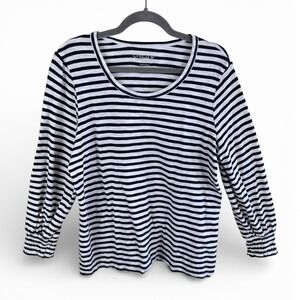 Chicos Striped Scoop Neck 3/4 Sleeve Top Navy White Smocked Cuffs Size 2 Large